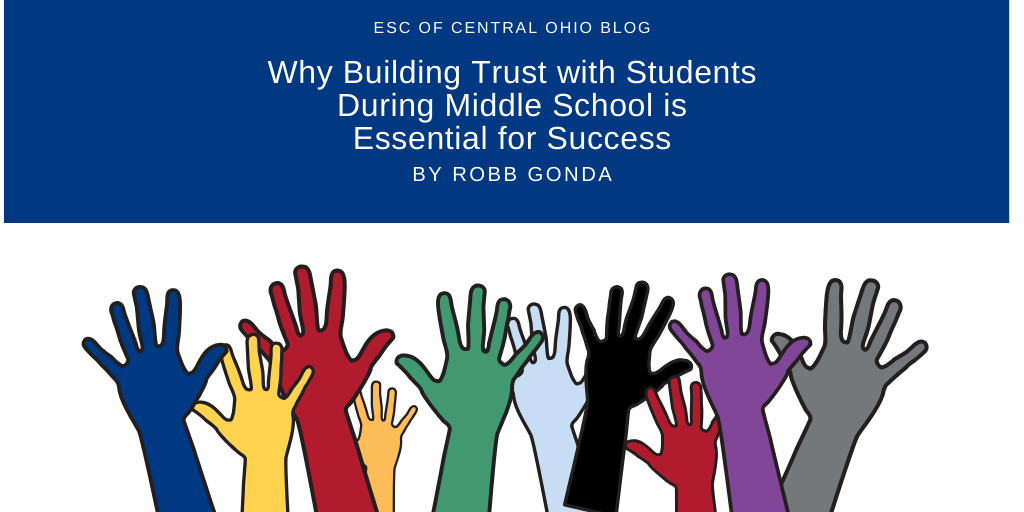 Different colored illustrated hands are raised in various positions. Why Building Trust with Students During Middle School is Essential for Success are white on a blue background