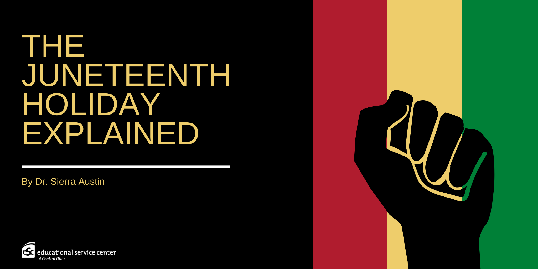 black, red, yellow, green stripes, "The Juneteenth holiday explained", black fist